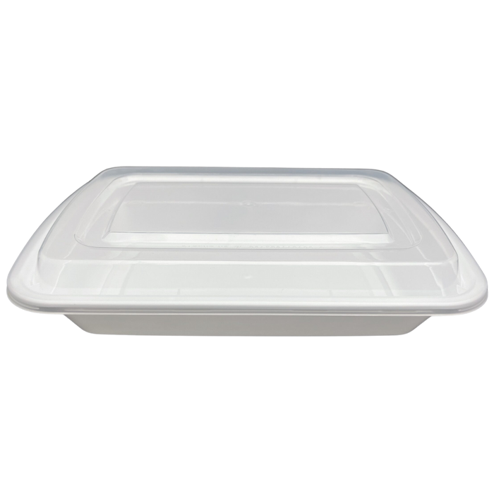 28 oz White Rectangular Take-Out Microwaveable Container with Clear Lid