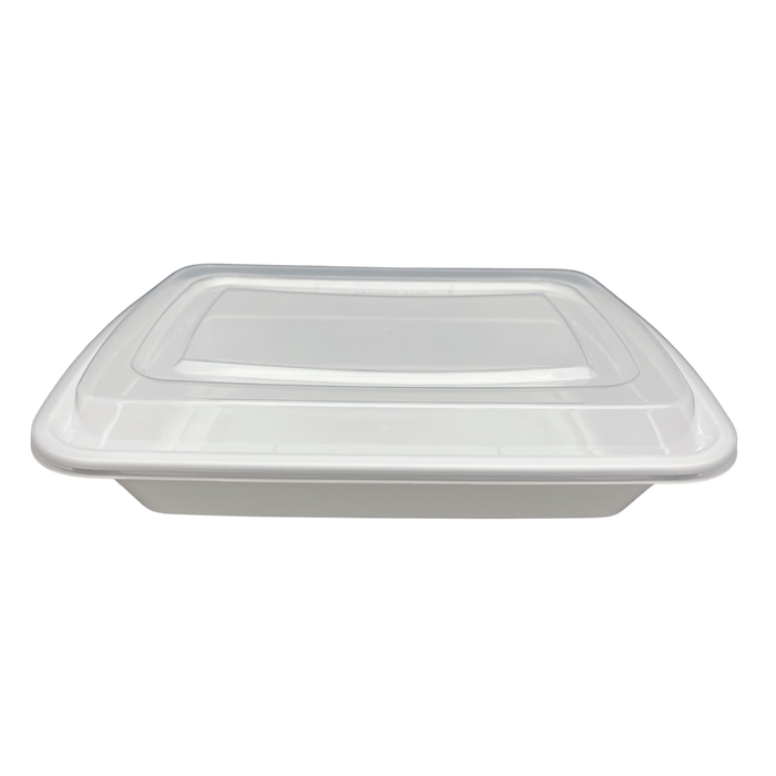 32 oz White Rectangular Take-Out Microwaveable Container with Clear Lid