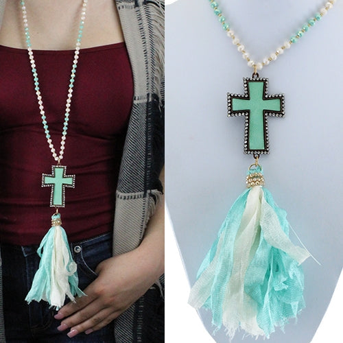 71988 - Cross Tassel Necklace - Teal