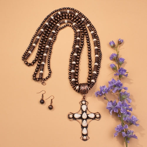 72569 - Squash Blossom Cross Necklace - Ivory & Copper