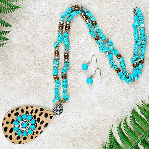 72681 - Leopard and Turquoise Flower Necklace - Fashion Jewelry Wholesale