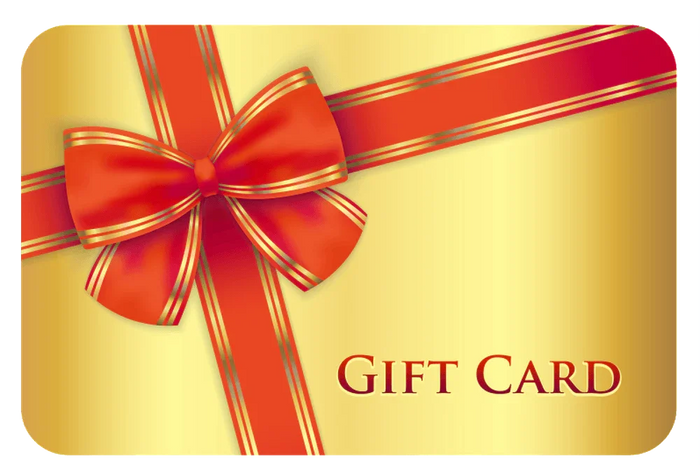 Gold bakery gift card with red ribbon and bow, luxury gift voucher design
