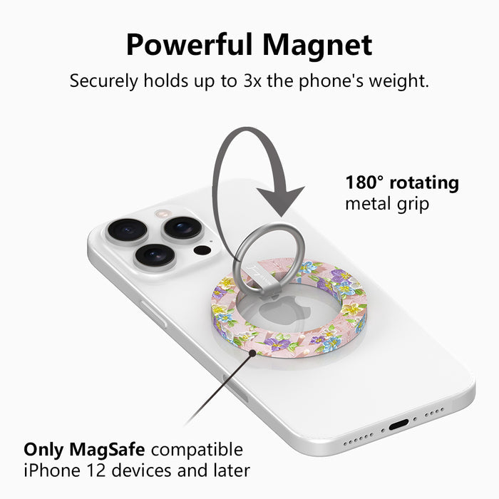 Blushing Bouquet textured oil painting style MagSafe phone grip ring with purple and yellow flowers on pink background compatible with iPhone and Samsung