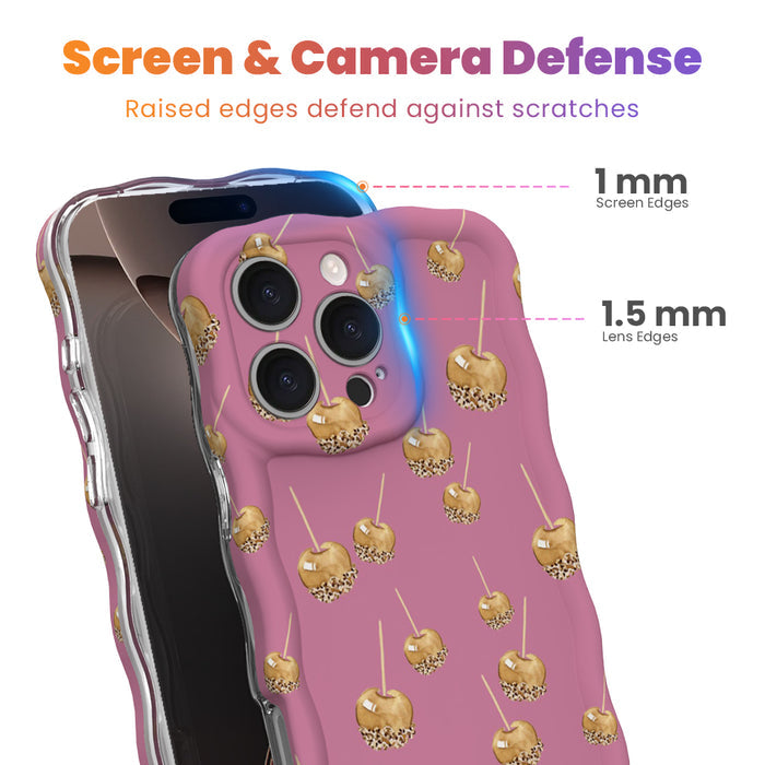 Screen and camera defense diagram for the Caramel Coated Cutie iPhone case, showing the 1 mm raised screen edge and 1.5 mm raised lens edge that guard against scratches.