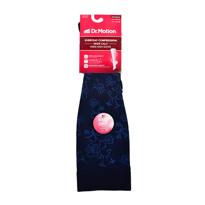 Navy knee-high compression socks with a floral pattern and a label indicating wide calf fit.
