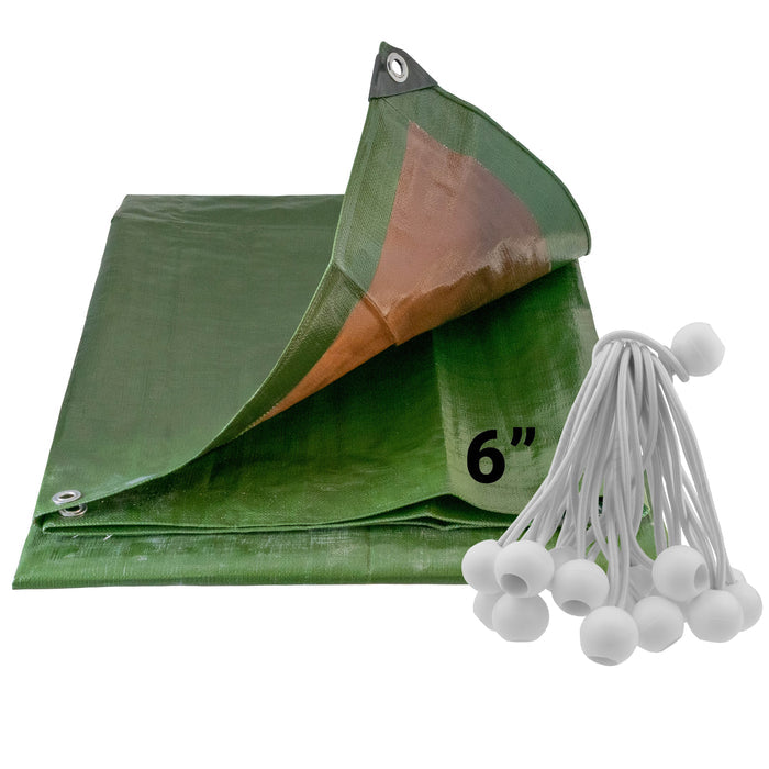 Green Brown L-Grade Tarpaulin with 20 x 6in Bungee Balls (White) Cable Tie Pack