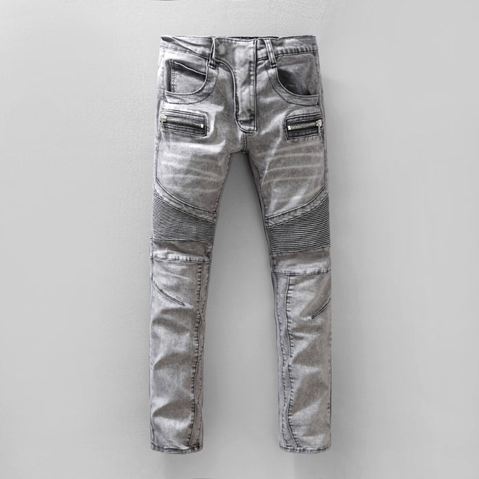 High quality slim fit mens skinny biker jeans black blue white pleated moto denim men pants