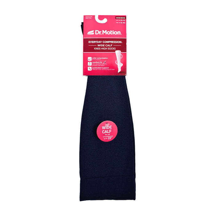 Navy knee-high compression socks for women, labeled for wide calf fit, with packaging details visible.