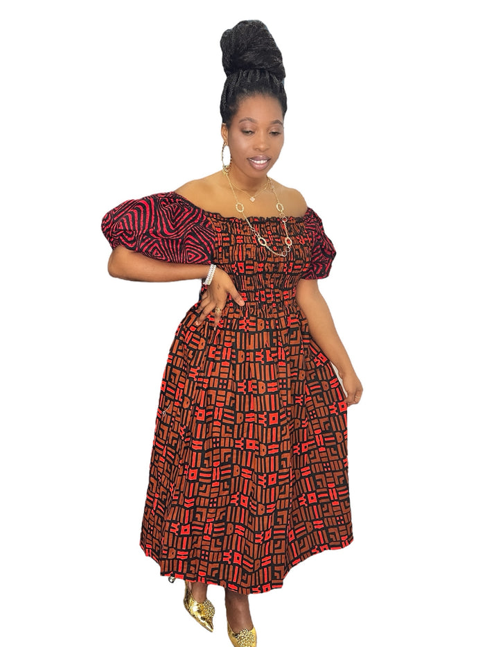 Off-Shoulder Ankara Midi Ama Dress – One Size Fits S/M/L