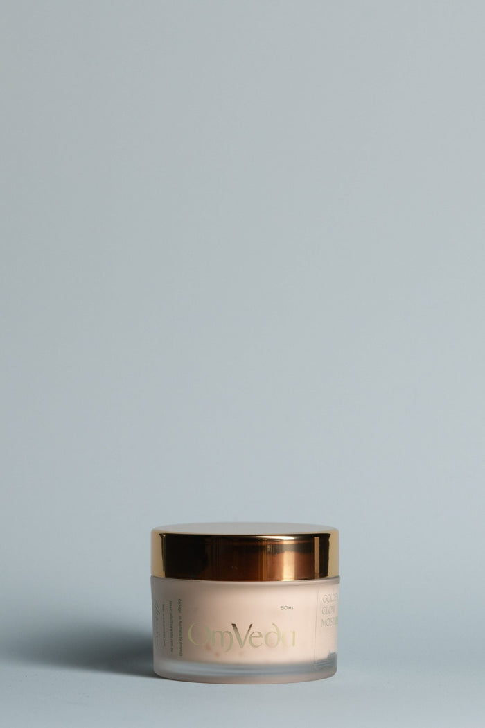 OmVeda Golden Glow moisturiser jar, cream body with gold cap, 50 ml