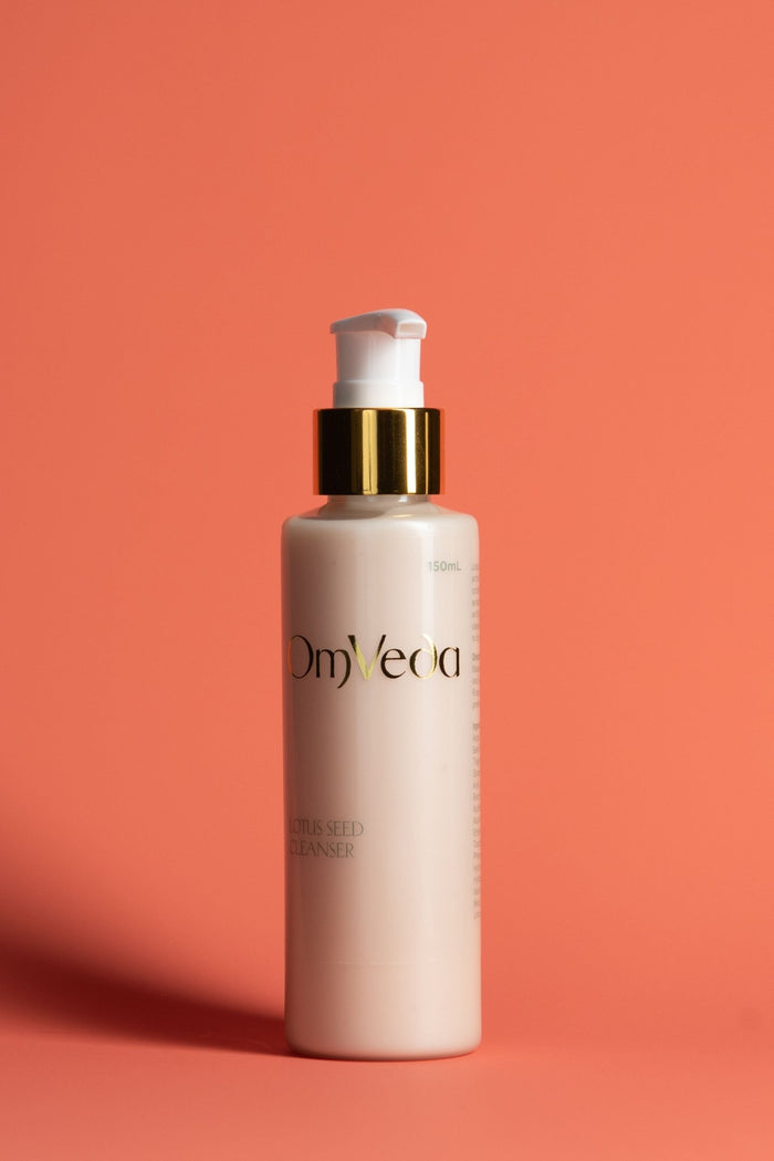 OmVeda lotus seed cleanser pump bottle, 150 ml, white bottle with gold pump ring