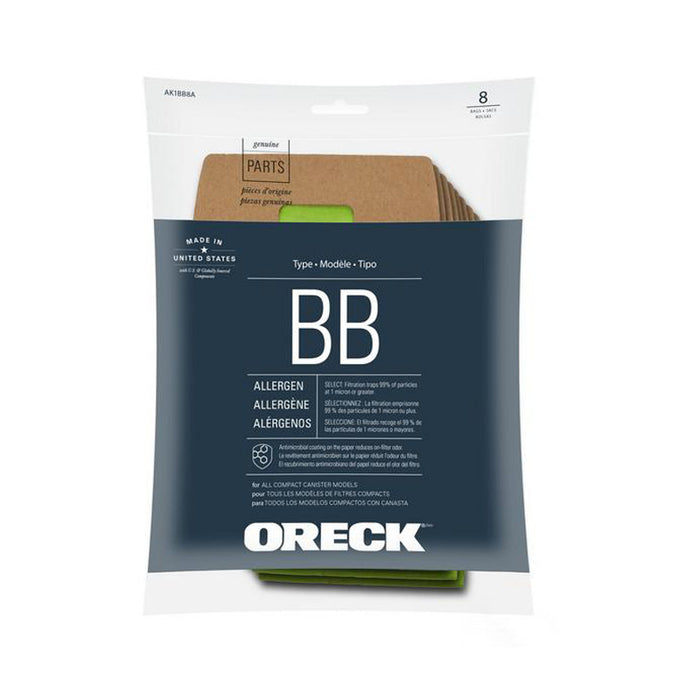 Oreck Paper Bags, Type BB Canister BB900-DGR 8pk, Part AK1BB8A, AK12308