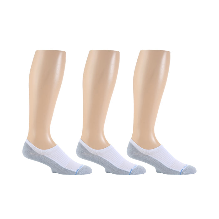 Three pairs of liner compression socks displayed on mannequin legs, featuring a white and gray color scheme.