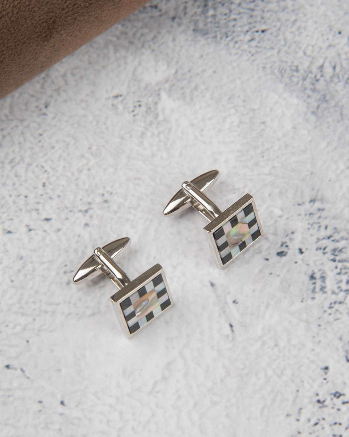 Square cufflinks with silver bars and black checkerboard mother-of-pearl inlay