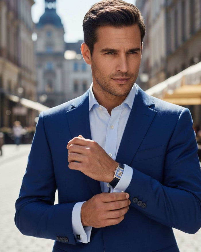 Rectangular blue crystal cufflinks on silver frames, worn with blue suit cuffs