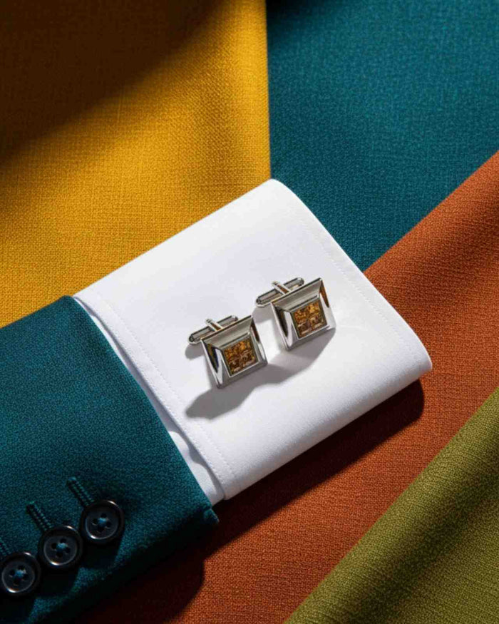 Champagne crystal square silver cufflinks on a white dress shirt cuff