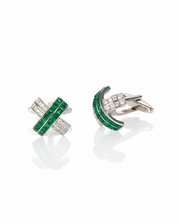 Silver cufflinks with green crystal wave and clear stone inlaid detail