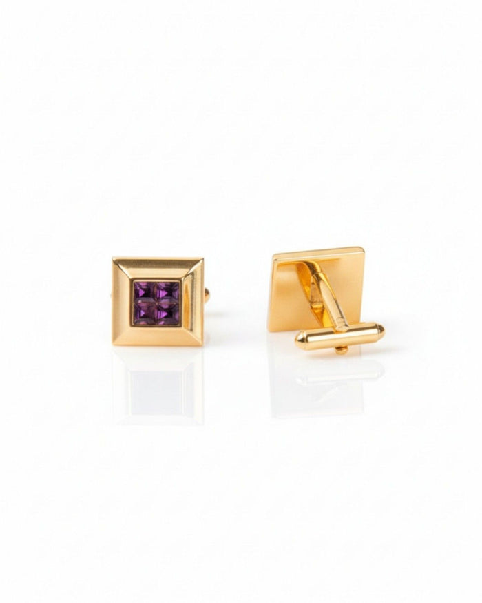 Gold tone square cufflinks with purple crystal front and hinged back