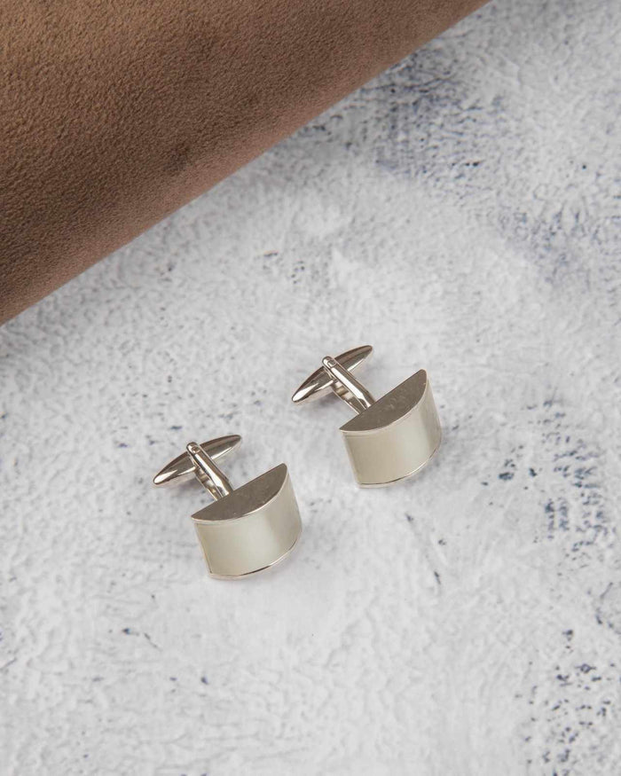Silver half-moon cufflinks with mother-of-pearl front panels and bar detail, pair