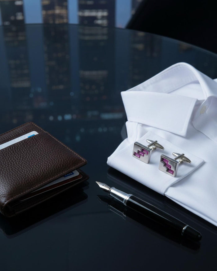Silver cufflinks with pink zigzag crystal inlay, shown in a jewelry box