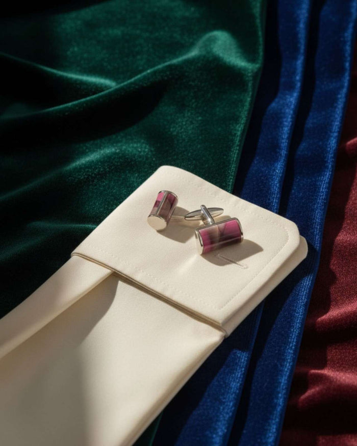Cylinder cufflinks with pink striped inlays on a cream pocket square display