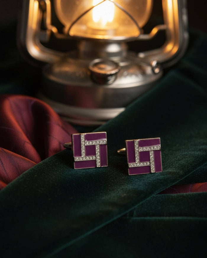 Square purple enamel cufflinks with crystal border, silver-tone hinged bars