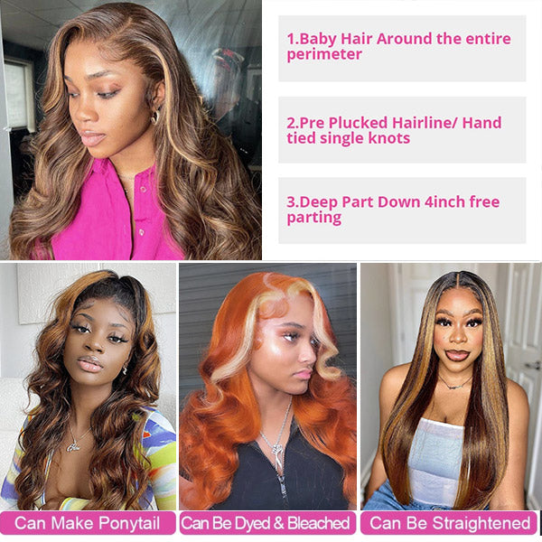 QVR Body Wave Human Hair Wigs Highlight Balayage HD Lace Front Wigs 4x4 5x5 Lace Closure Wigs