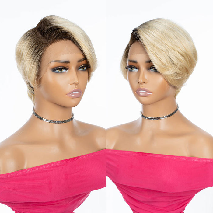 dark roots low maintenance pixie cut wigs 100 human hair