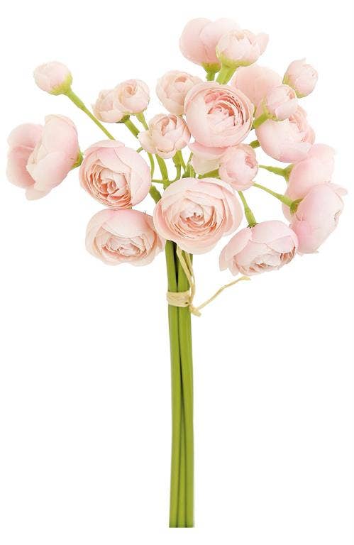 pink ranunculus bundle, faux flower stems, ranunculus bud bouquet, realistic artificial flowers, 10 inch floral stems, blush pink faux ranunculus, spring floral arrangement, home decor flower bundle, artificial flower bunch, soft pink ranunculus stems