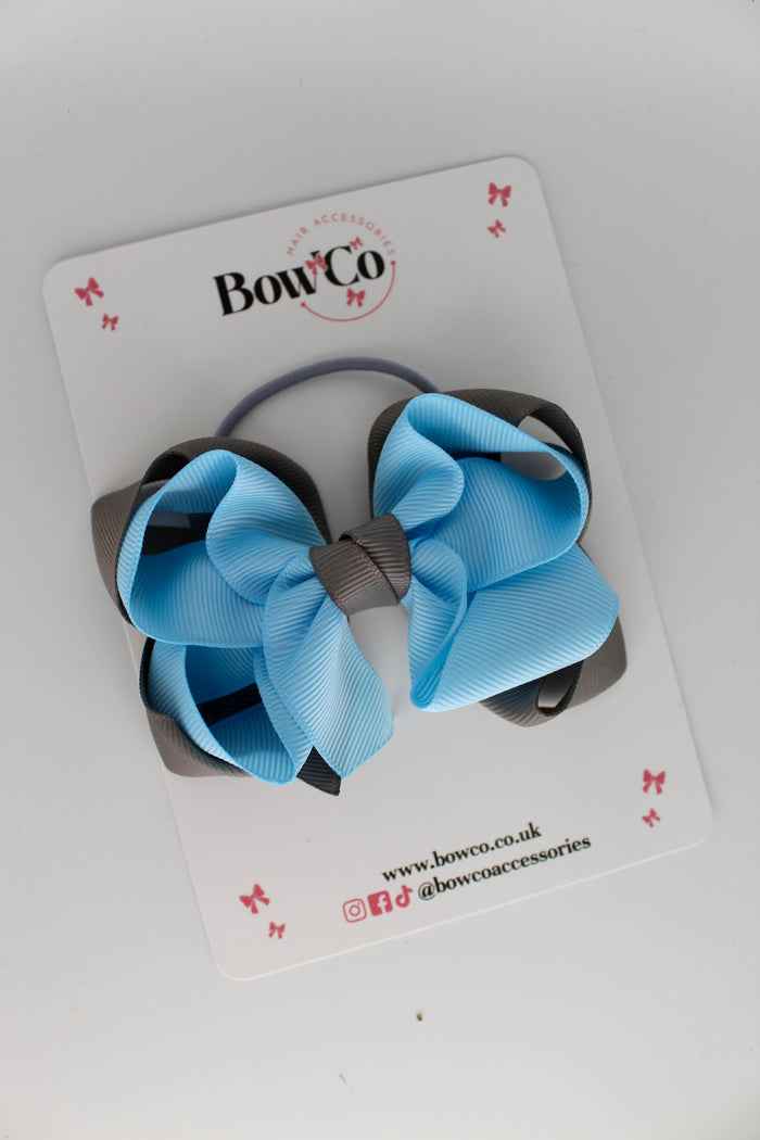 School Bow Blue Topaz and Metal Grey - Double Loop Bow - Elastic