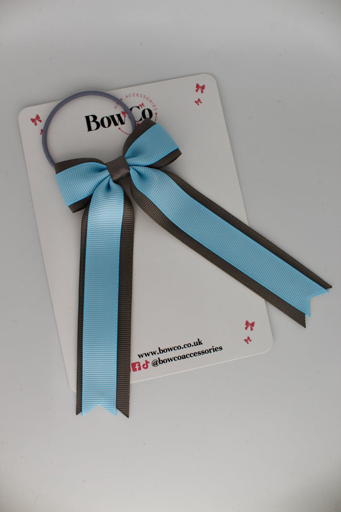 School Bow Blue Topaz and Metal Grey - Tuxedo Tails Bow - Elastic