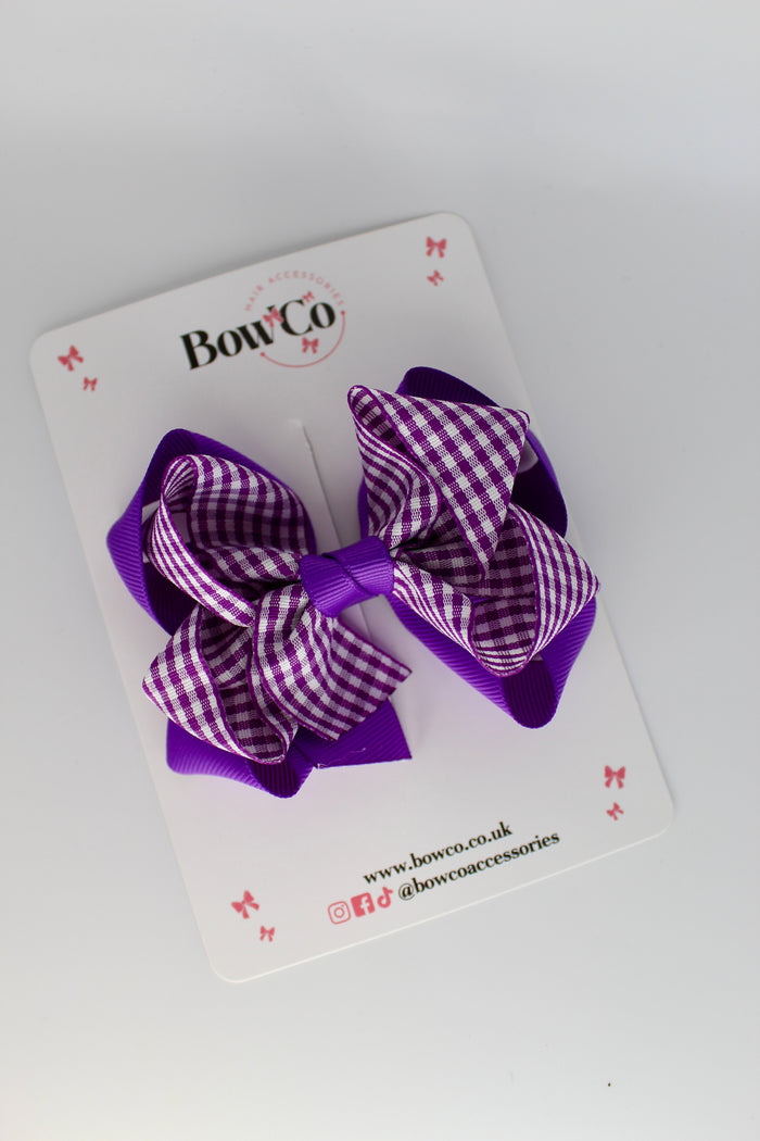 School Bow Purple Gingham Double Loop Bow - Clip