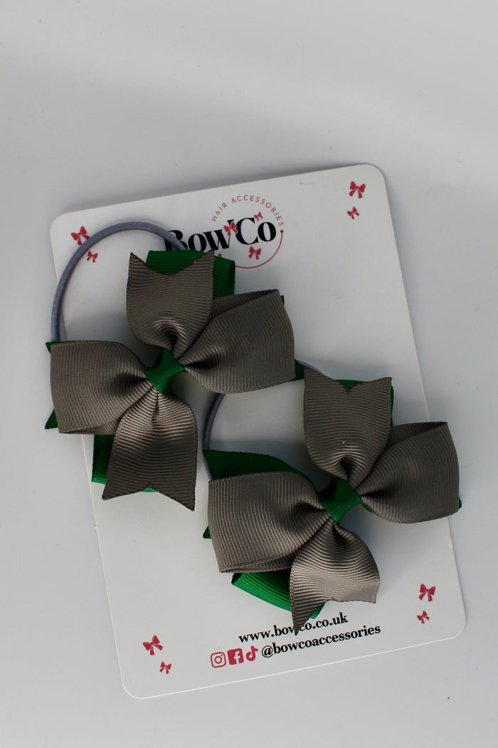 School Bows Forest Green and Grey - Layer Tail Bow - Elastic