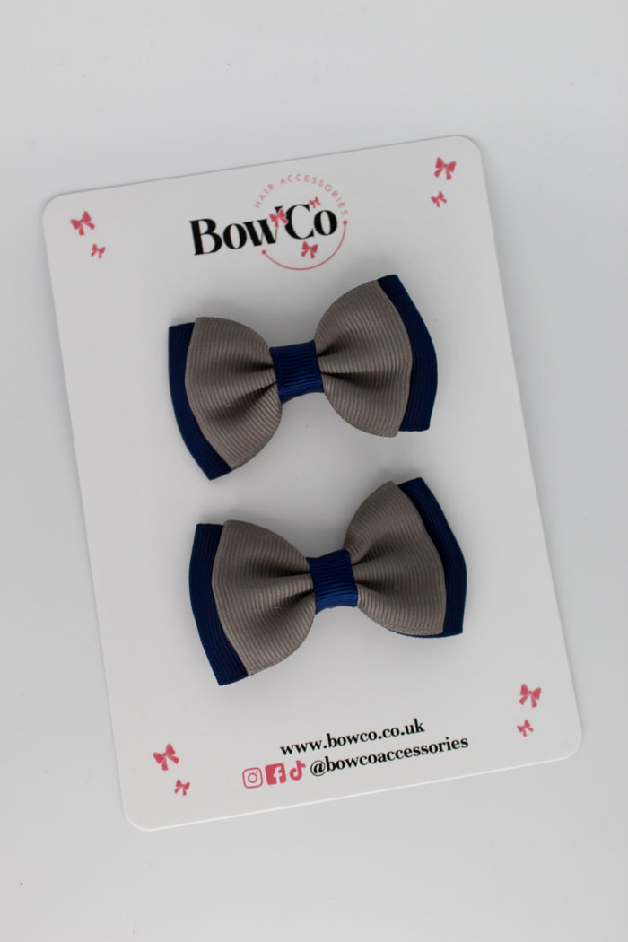 School Bows Navy Blue and Metal Grey - Double Bow Set - Clip