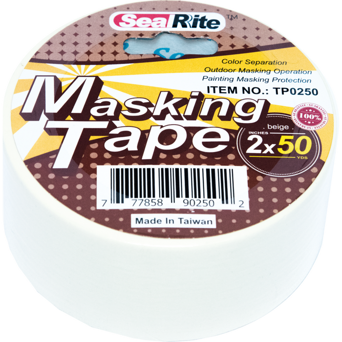 A roll of SealRite masking tape with product number TP0250, size 2 inches by 50 yards, designed for outdoor use and painting protection.