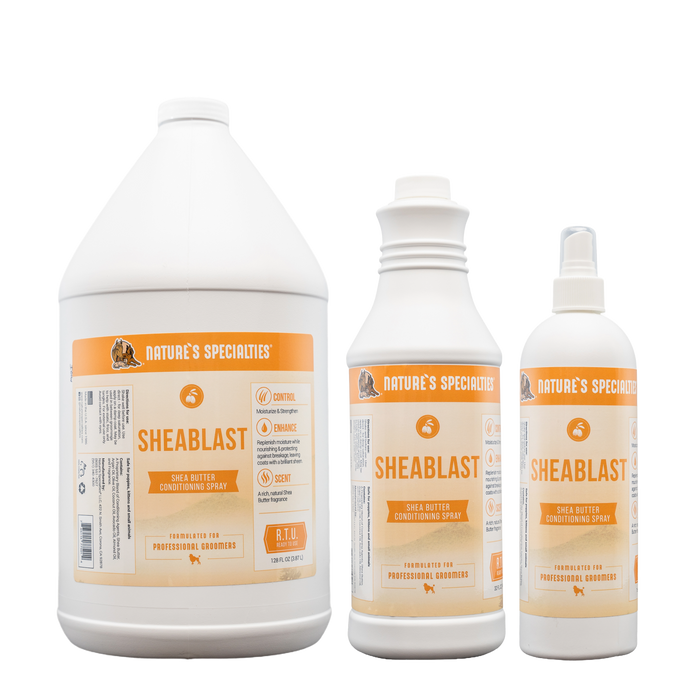 Three bottles of Nature's Specialties SheaBlast Shea Butter Conditioning Spray pet conditioner.
