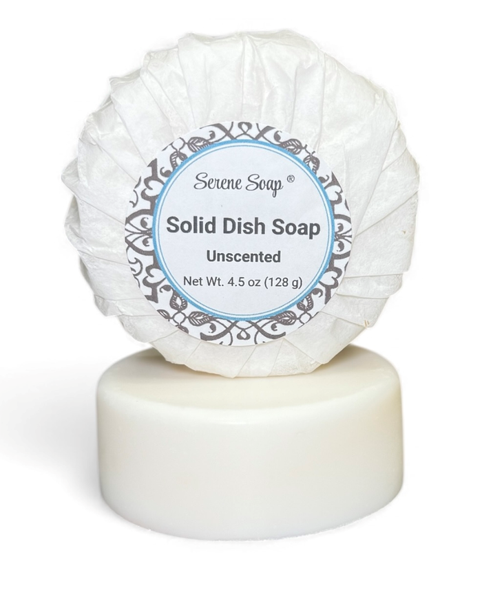 Solid dish soap bar with packaging on a white background. This dish soap is unscented.