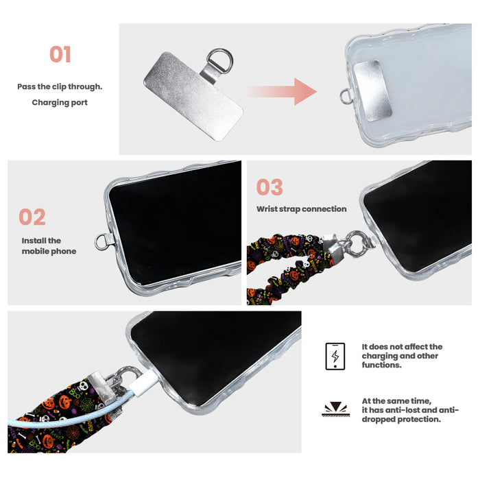 Three-step installation diagram for the Spooky scrunchie phone wrist strap, showing the tab inserted through the charging port and the strap clipped on.