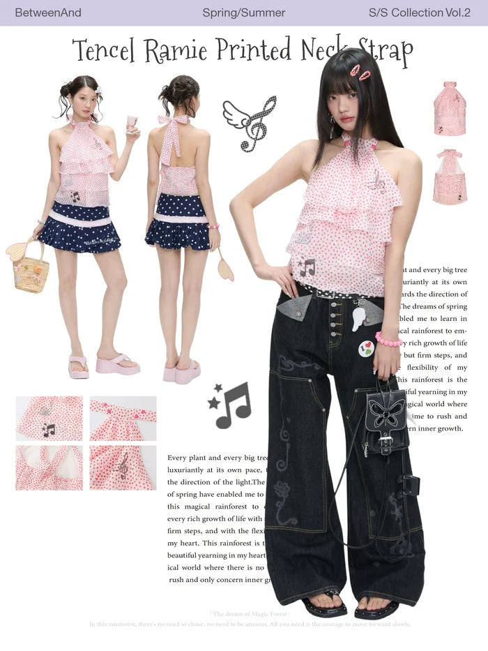 Tencel ramie printed neck strap top