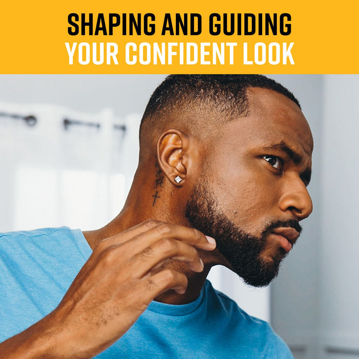 A man looking in a mirror while touching his neatly trimmed and defined beard line after using a grooming guide.