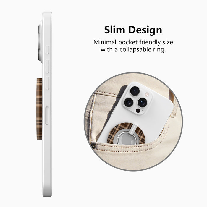 Toffee Tartan Hold It Fancy MagSafe grip ring with a brown, tan and cream tartan plaid print from Fancy Bands