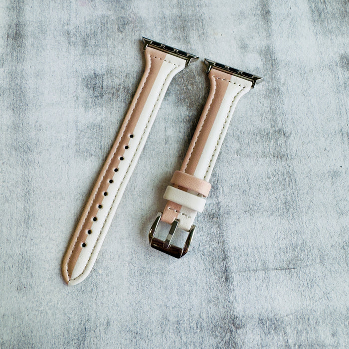 Two Tone Stitched Slim Leather Band For Apple Watch Multiple Colors Available — Premium Genuine Leather: This elegant watch band is crafted from high-quality smooth and soft leather, with neat stit...