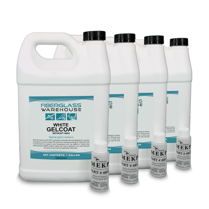 Four gallon containers of unwaxed gelcoat sitting side by side and next to four bottles of MEKP catalyst