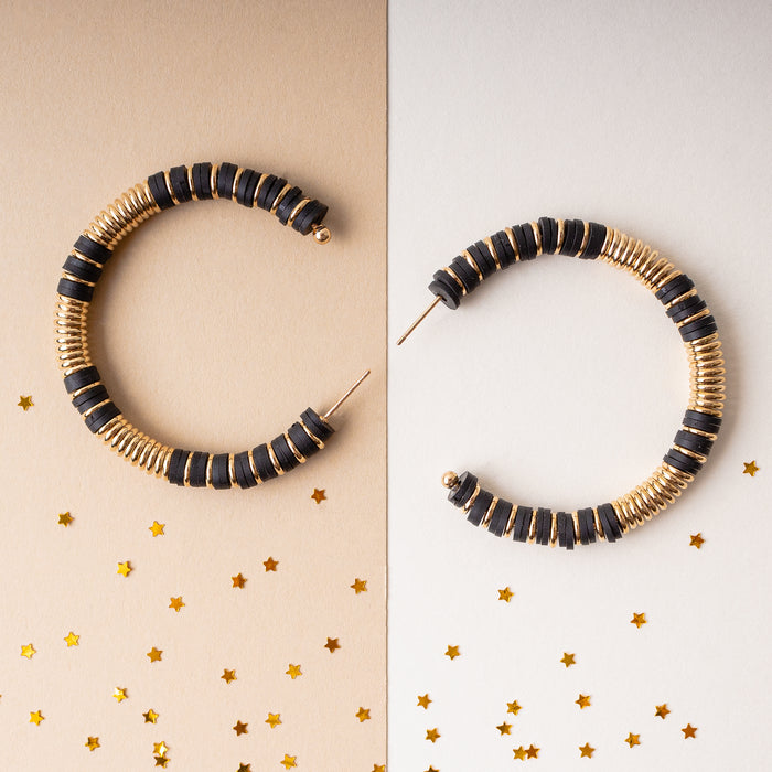 1301 - Beaded Hoop Earrings - Black