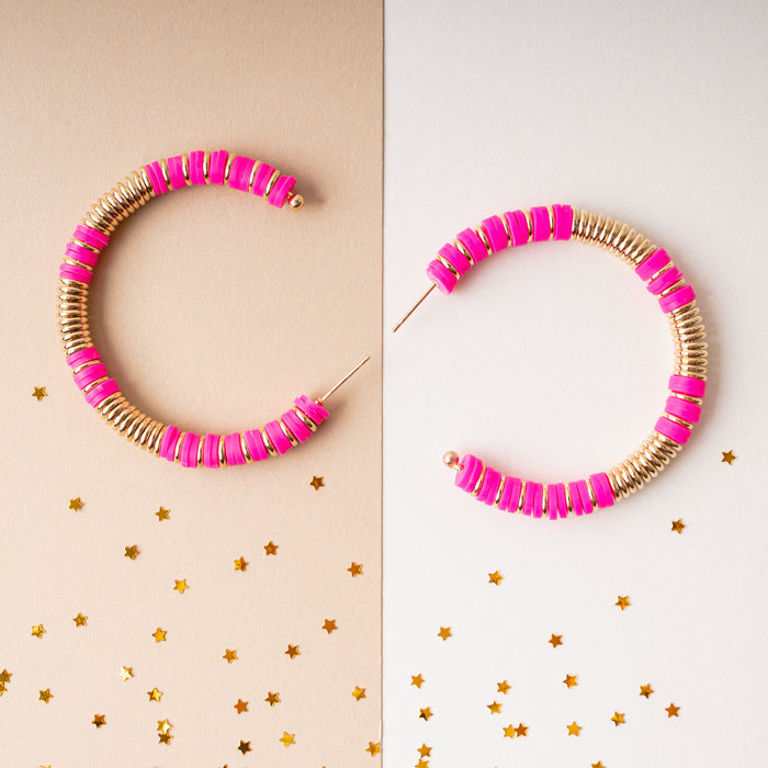1301 - Beaded Hoop Earrings - Hot Pink