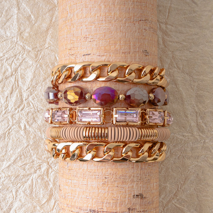 1410 - Crystal Beaded Stacked Bracelet - Beige
