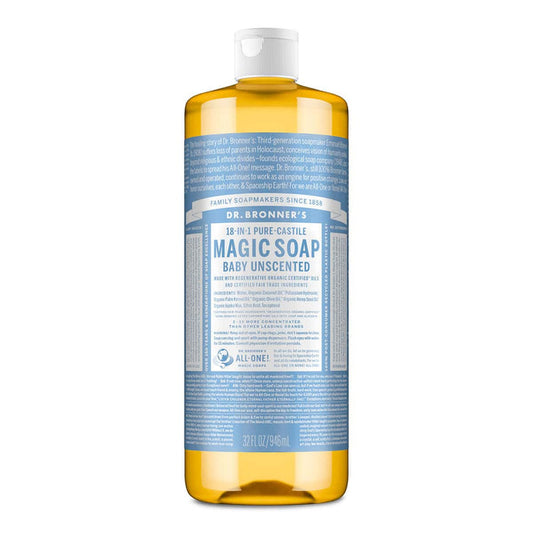 Dr. Bronner's 18-in-1 Pure-Castile Magic Soap  - Baby Unscented 946ml bottle on a white background.