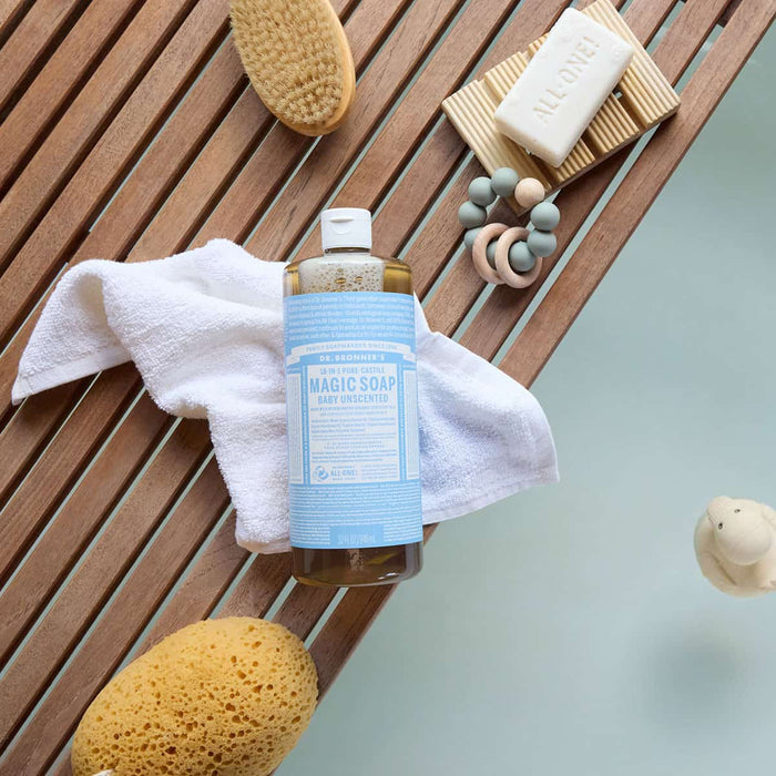 Dr. Bronner's 18-in-1 Pure-Castile Magic Soap  - Baby Unscented 59ml bottle on a white background.