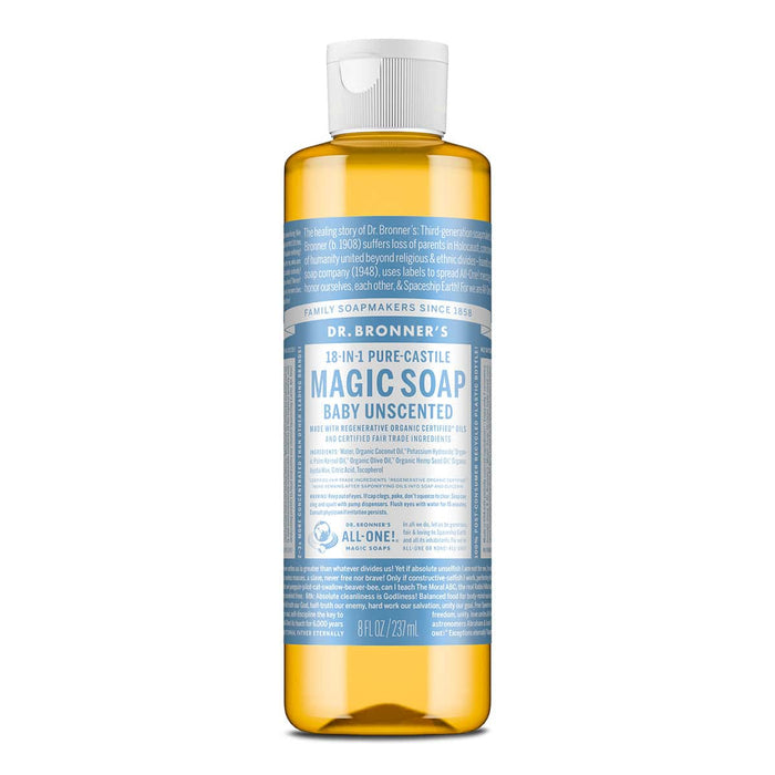 Dr. Bronner's 18-in-1 Pure-Castile Magic Soap - Baby Unscented 237ml on a white background.