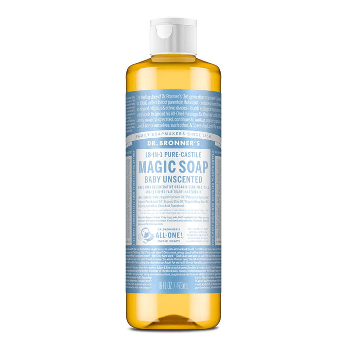 Dr. Bronner's 18-in-1 Pure-Castile Magic Soap - Baby Unscented 473ml on a white background.